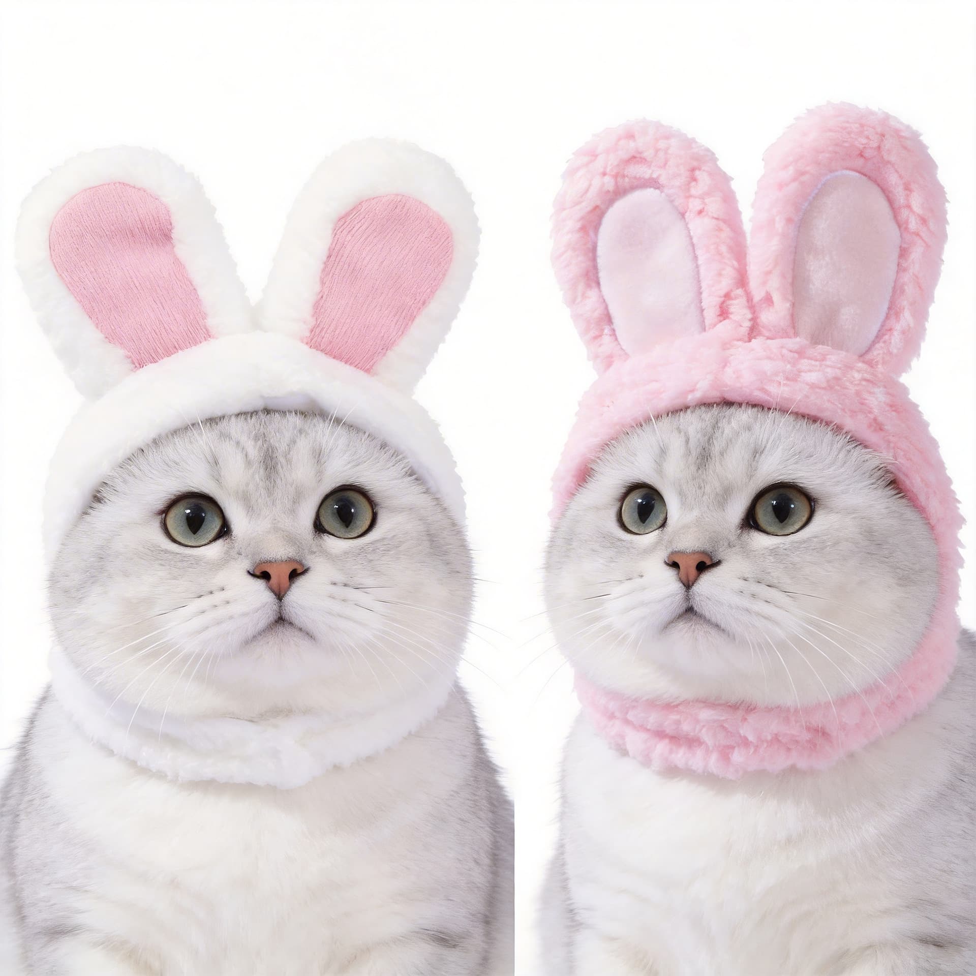 2-Piece (White and Pink) Bunny Ears Cat Hat - Soft Plush Pet Costume