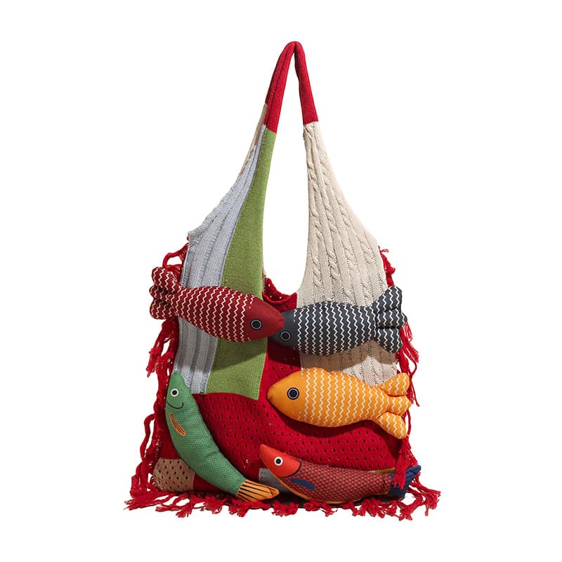 Red handbag strap Knitted Patchwork Tote Bag - Spacious, Fringed