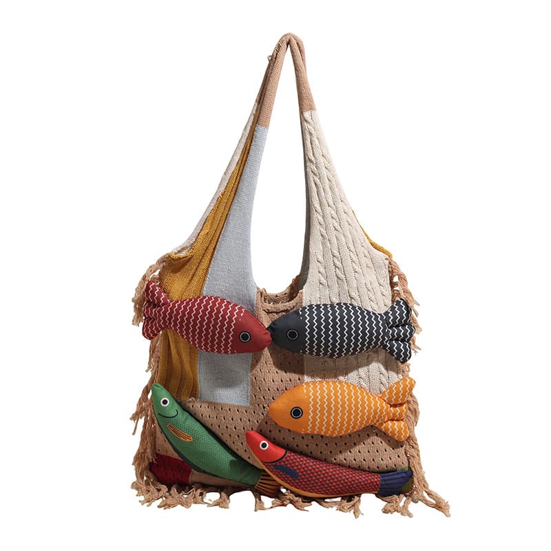 Khaki handbag strap Knitted Patchwork Tote Bag - Spacious, Fringed