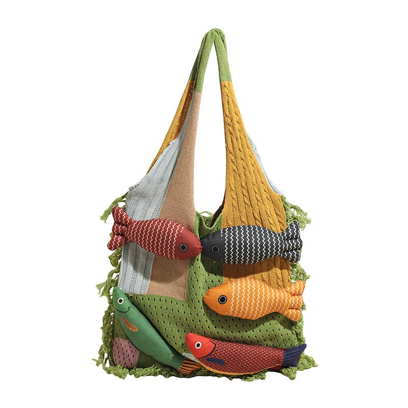 Green handbag strap Knitted Patchwork Tote Bag - Spacious, Fringed