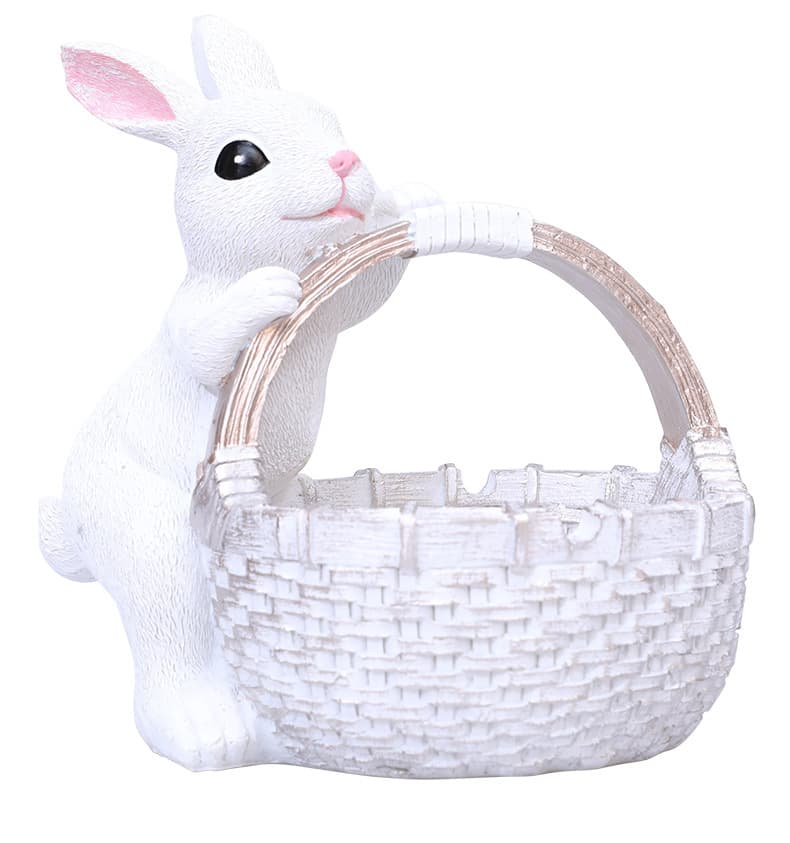 White Easter Rabbit Resin Decor with Basket - Festive Home Ornament
