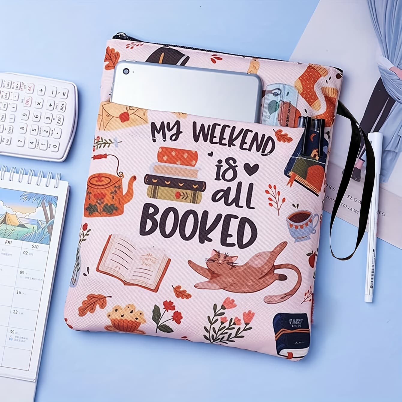 Cat Teacup Zippered Book Sleeve with Printed Design - Waterproof Protective