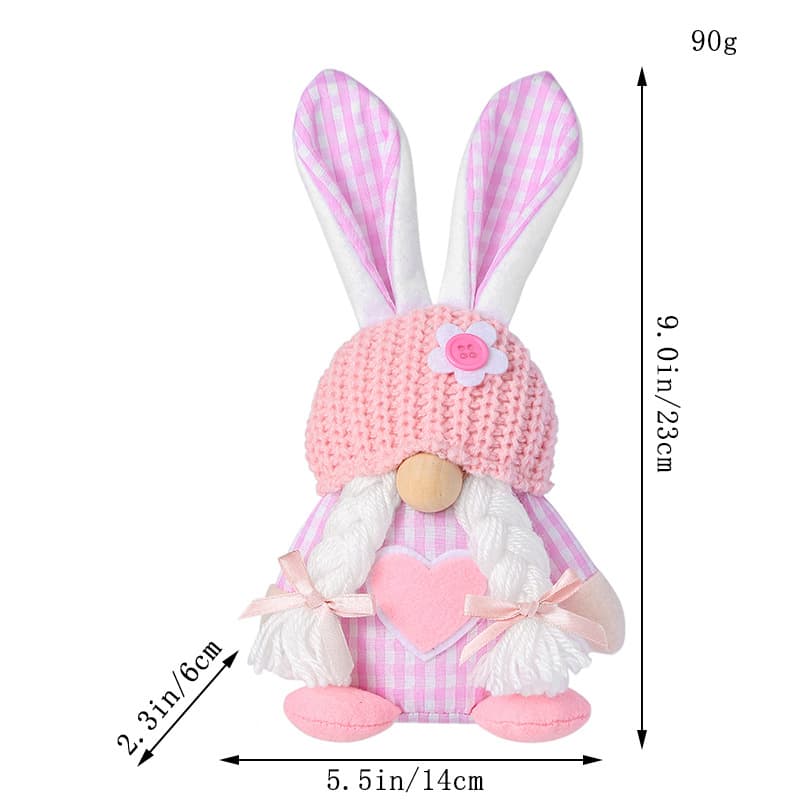 Pink Easter Plush Bunny Gnome Figurine - Decorative Doll with Long Hair