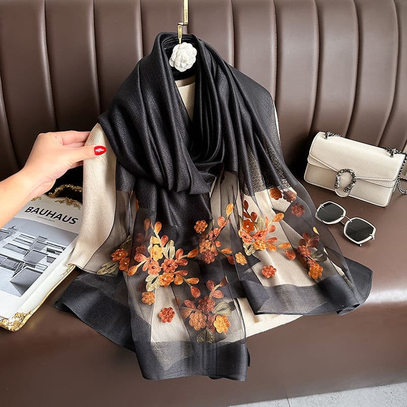 Black Embroidered Begonia Flower Long Scarf for Women - Beaded Faux Silk