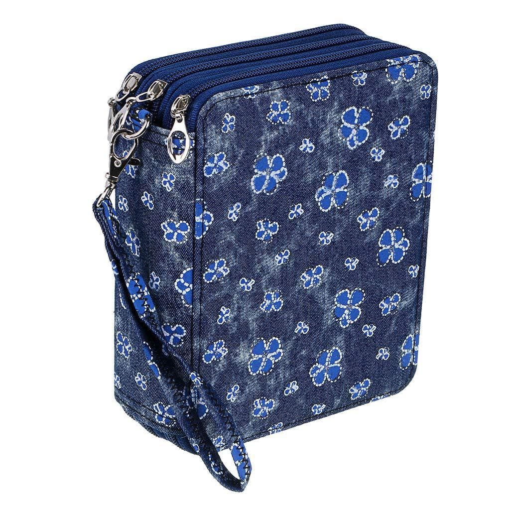 Portable 78-Slot Oxford Cloth Colored Pencil Zipper Case - Denim Flowers