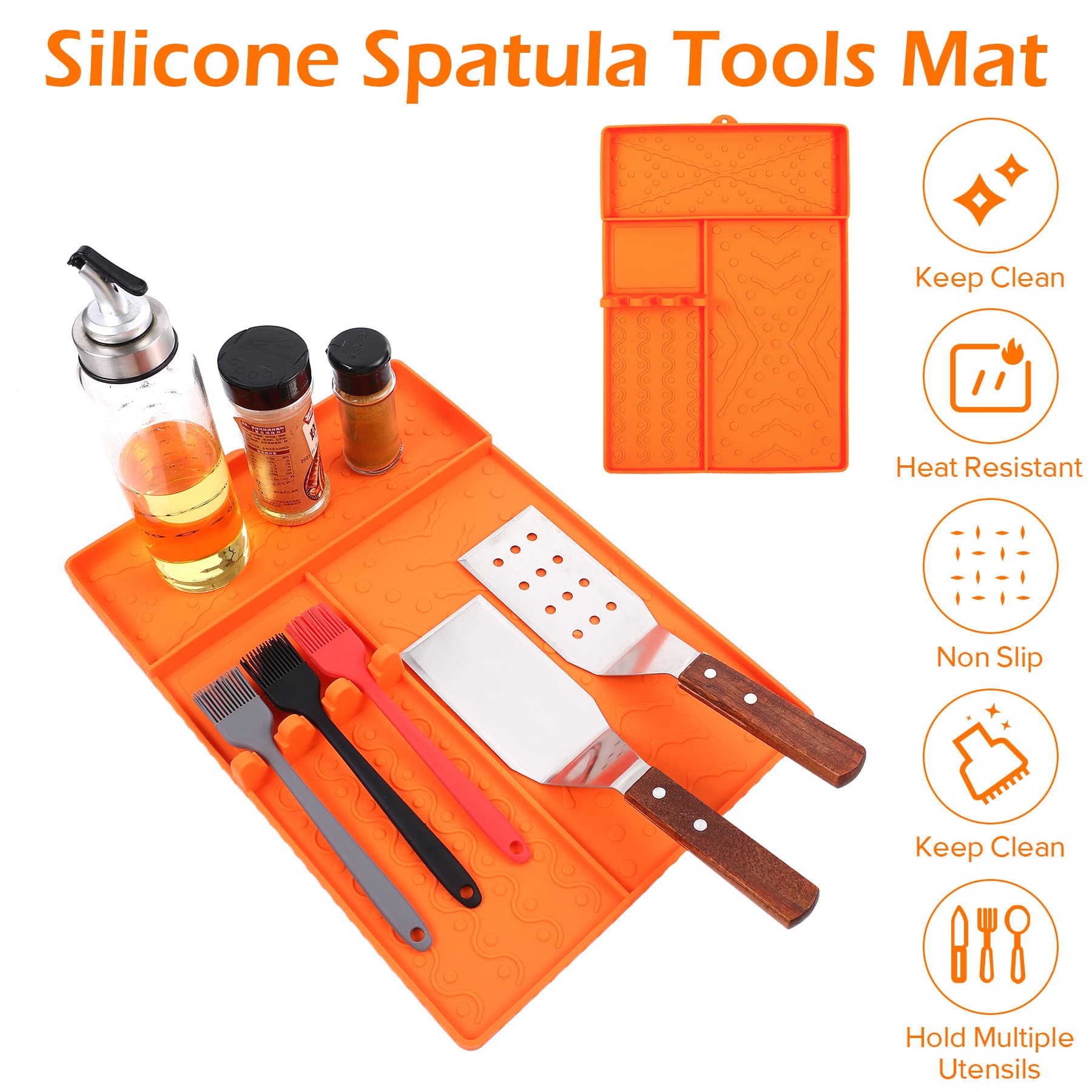 Orange Heavy-Duty Silicone Griddle Tool Mat Integrated Tool & Bottle Slots