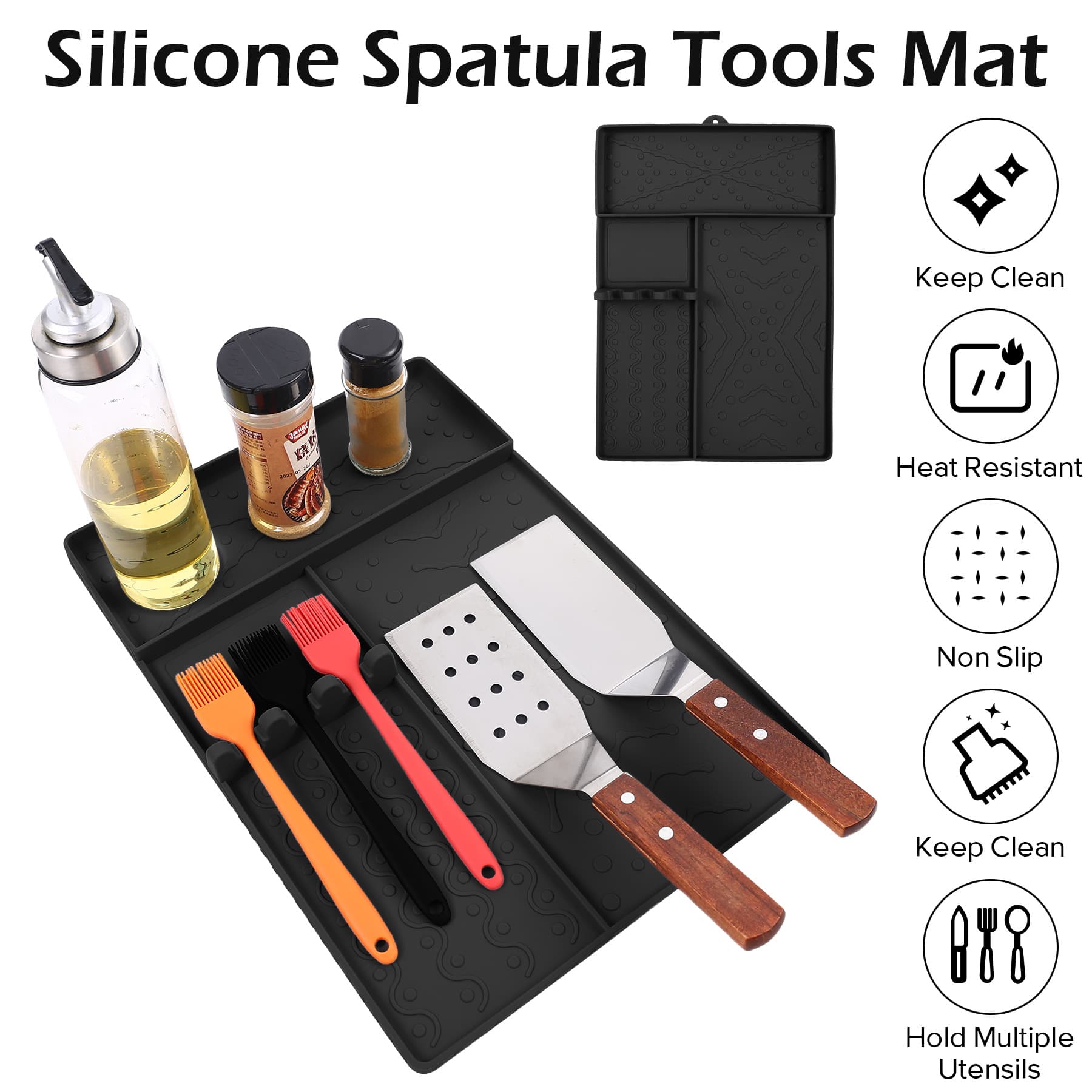 Black Heavy-Duty Silicone Griddle Tool Mat Integrated Tool & Bottle Slots