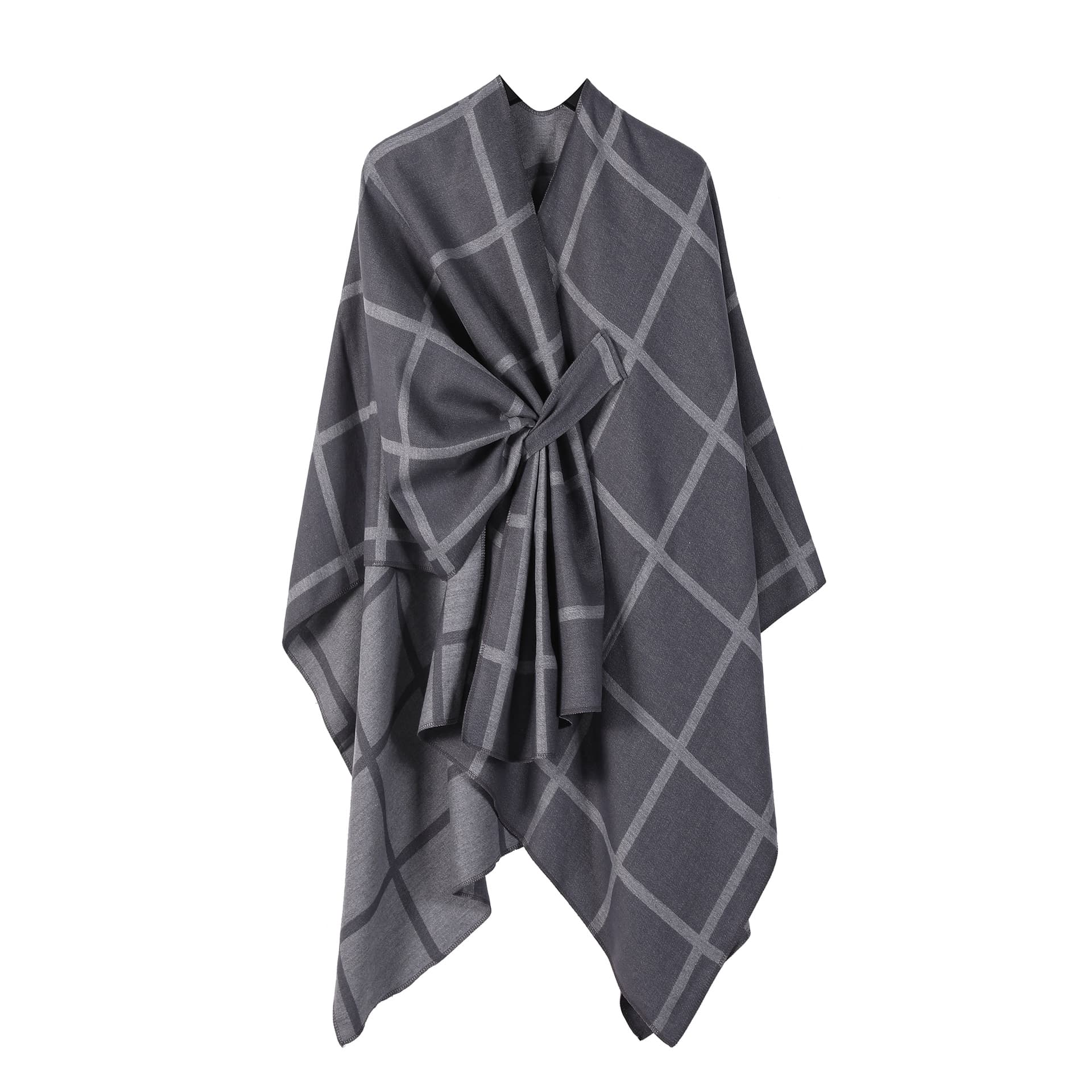 Grey Check Knit Travel Shawl with Side-Slit Design - Fall - 135 × 155 cm