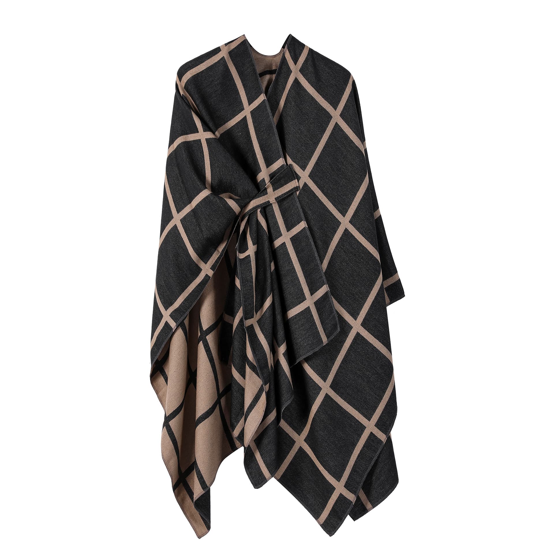 Black and Brown Check Knit Travel Shawl with Side-Slit Design - 135 × 155 cm