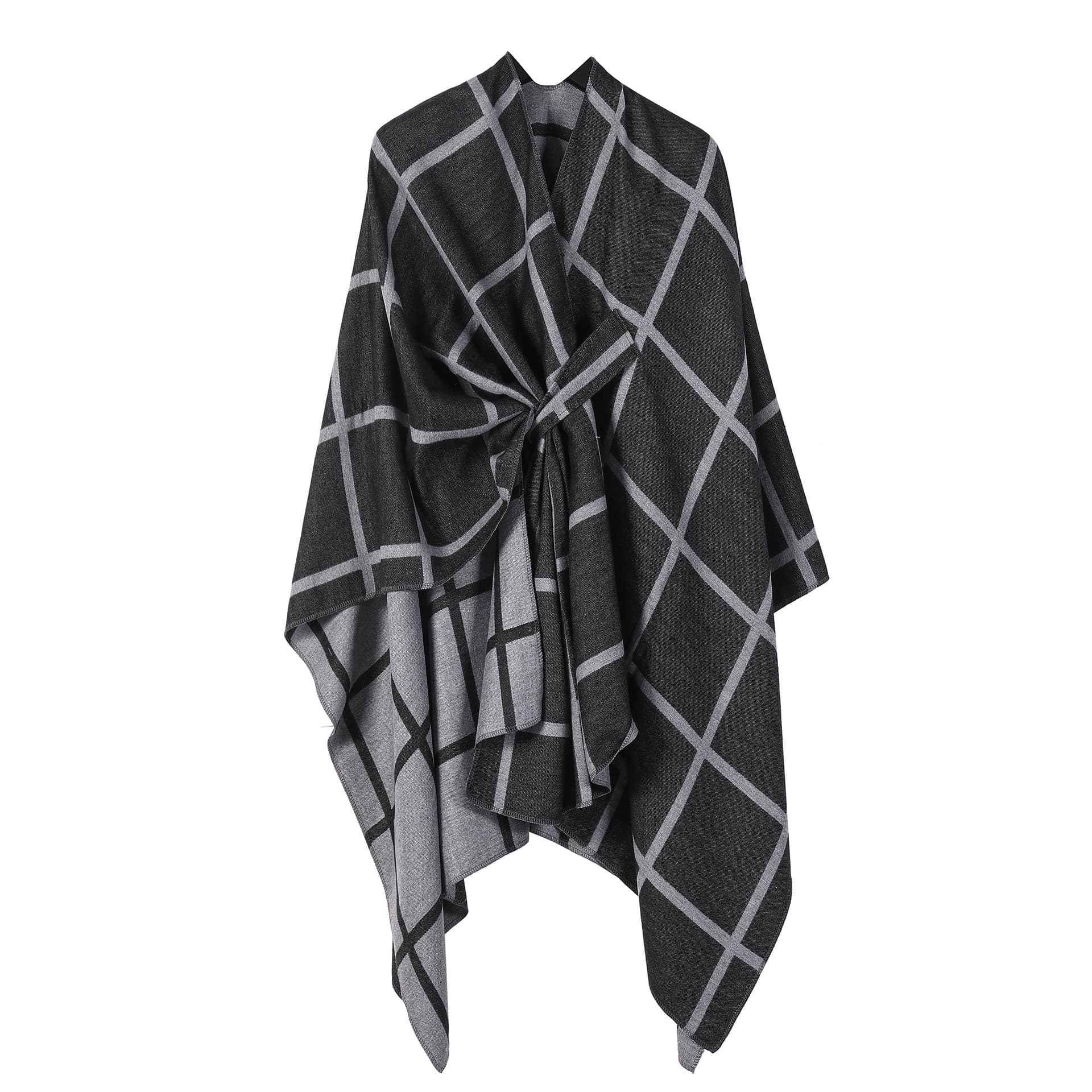 Black and Grey Check Knit Travel Shawl with Side-Slit Design - 135 × 155 cm
