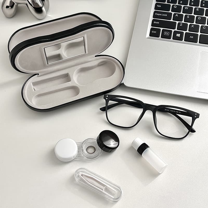 Black Leather Dual-Layer Eyewear Case with Mirror & Lens Care Kit - Rigid
