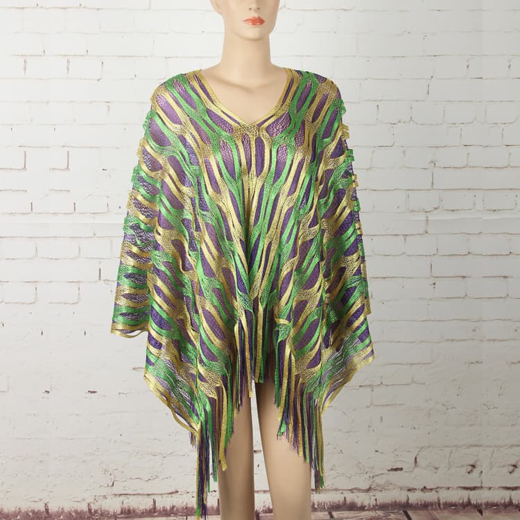 Green Boho Hollow-Out Wave Poncho Shawl with Tassel Hem - Dual-Tone Color