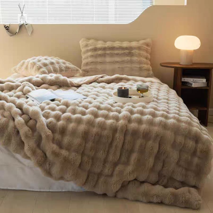 Brown Tuscany Fleece Rabbit Fur Bubble Blanket (200 × 230 cm) - Double-Sided
