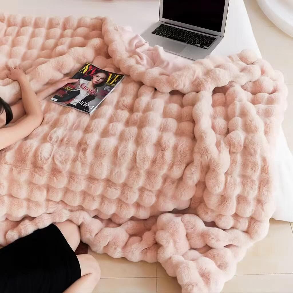 Pink Tuscany Fleece Rabbit Fur Bubble Blanket - Double-Sided Thickened Soft
