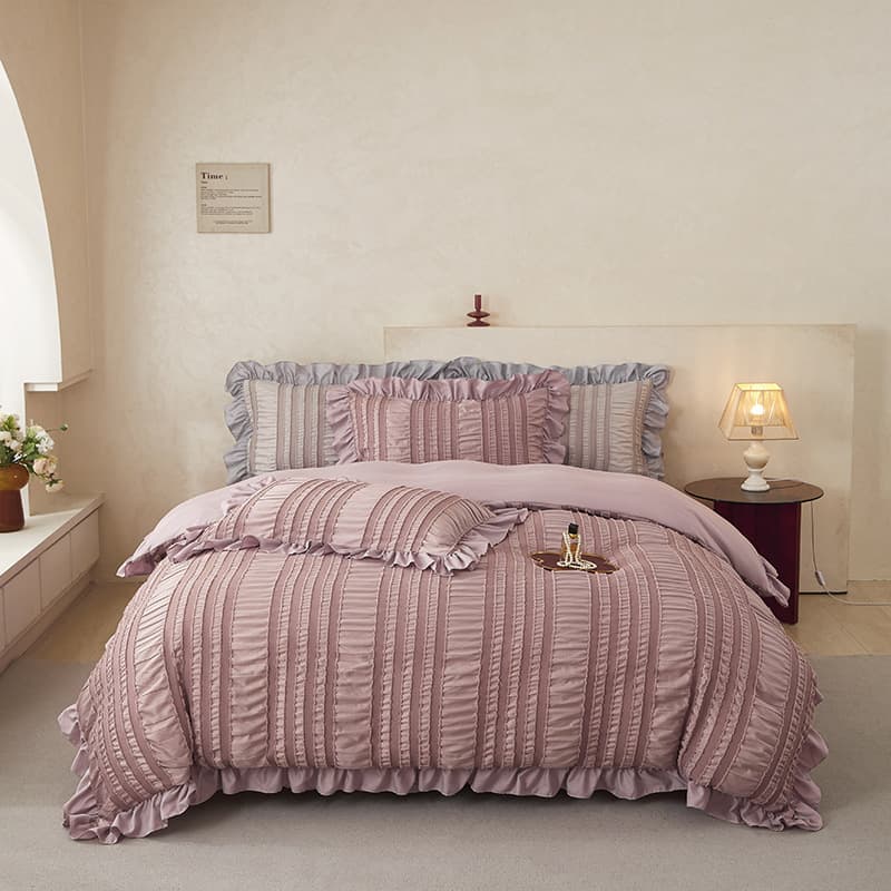 Pink Ruffle Seersucker Duvet Cover with 2-Piece - King Size 264 × 229 cm