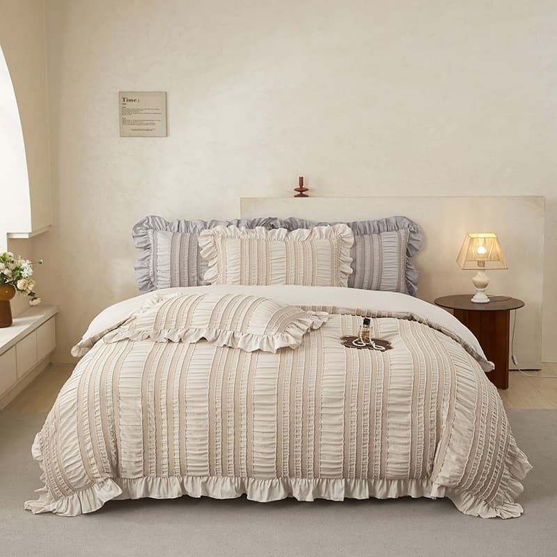 Beige Ruffle Seersucker Duvet Cover with 2-Piece - King Size 264 × 229 cm