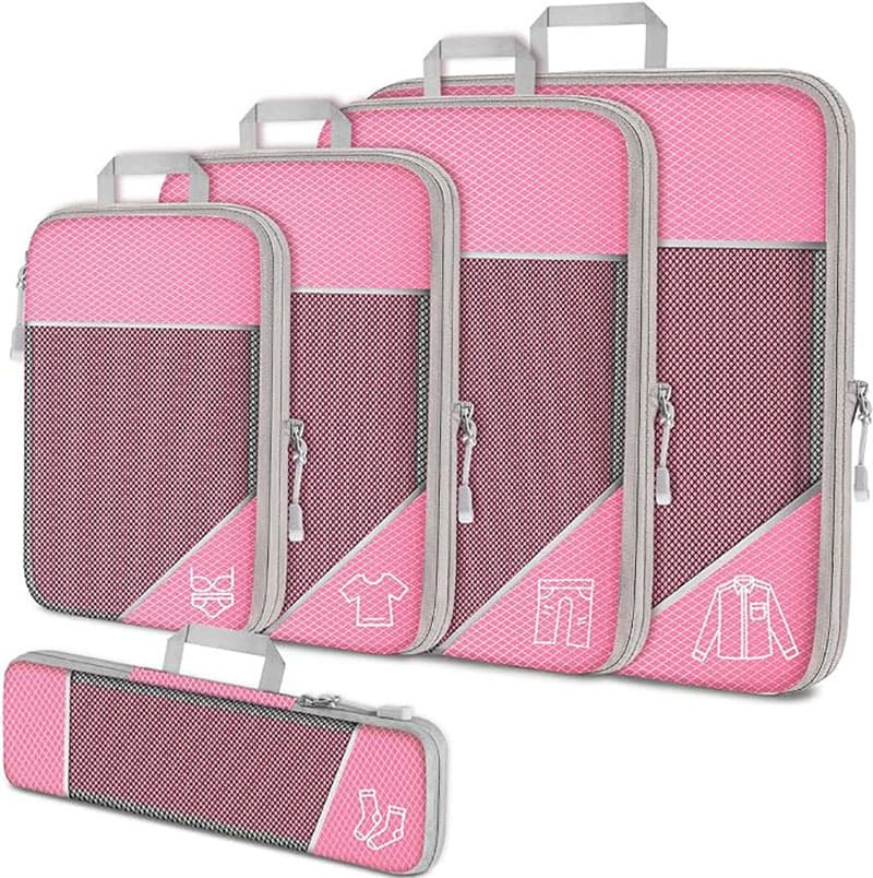 Pink Waterproof Travel Compression Packing Cube 5-Piece Set Sizes with Carry