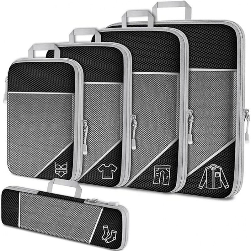 Black Waterproof Travel Compression Packing Cube 5-Piece Set Sizes