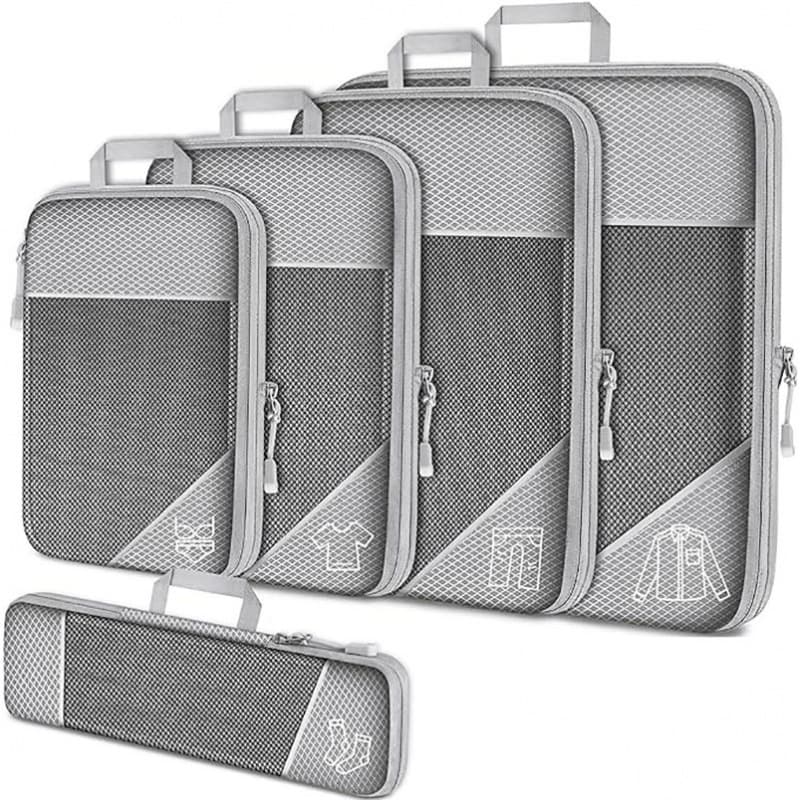 Grey Waterproof Travel Compression Packing Cube 5-Piece Set Sizes with Carry