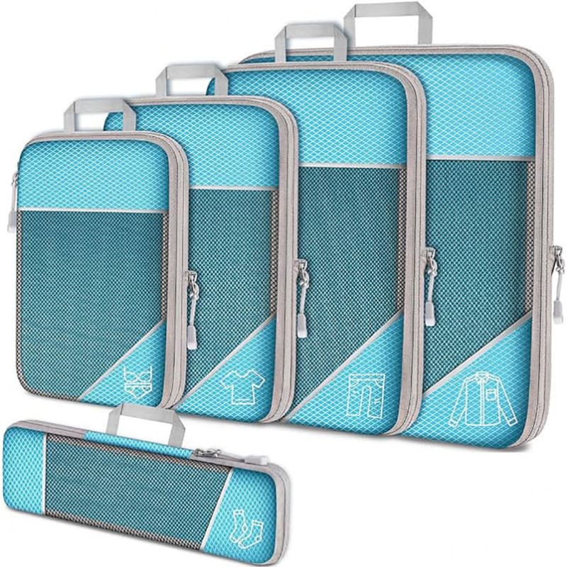 Blue Waterproof Travel Compression Packing Cube 5-Piece Set Sizes with Carry