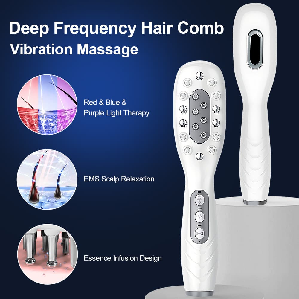White Porrtable EMS Vibration Scalp Massager & Hair Growth Comb - Tri-Color