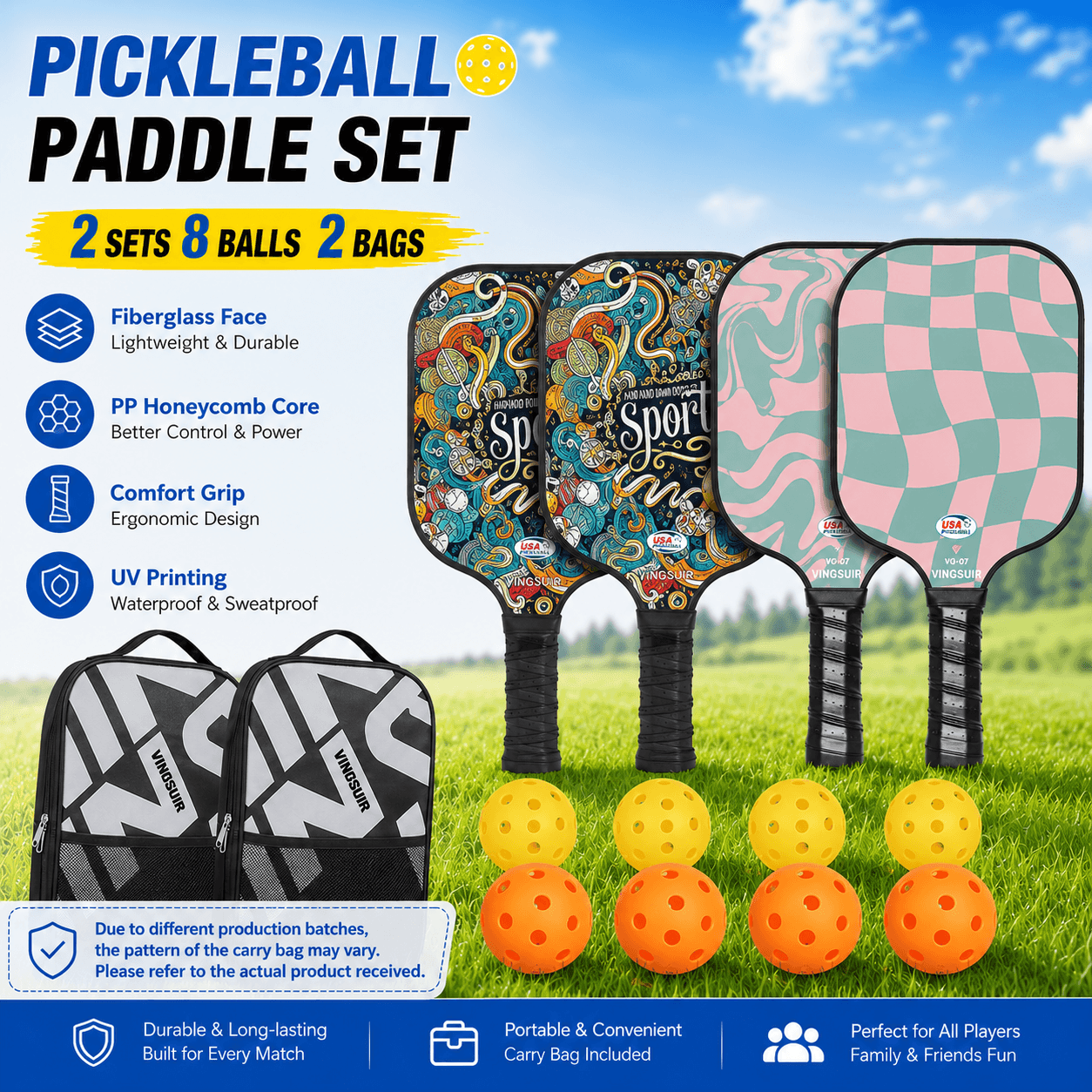 Pickleball Paddle Set with 4 Fiberglass Paddles, 8 Outdoor Balls and 2 Carry