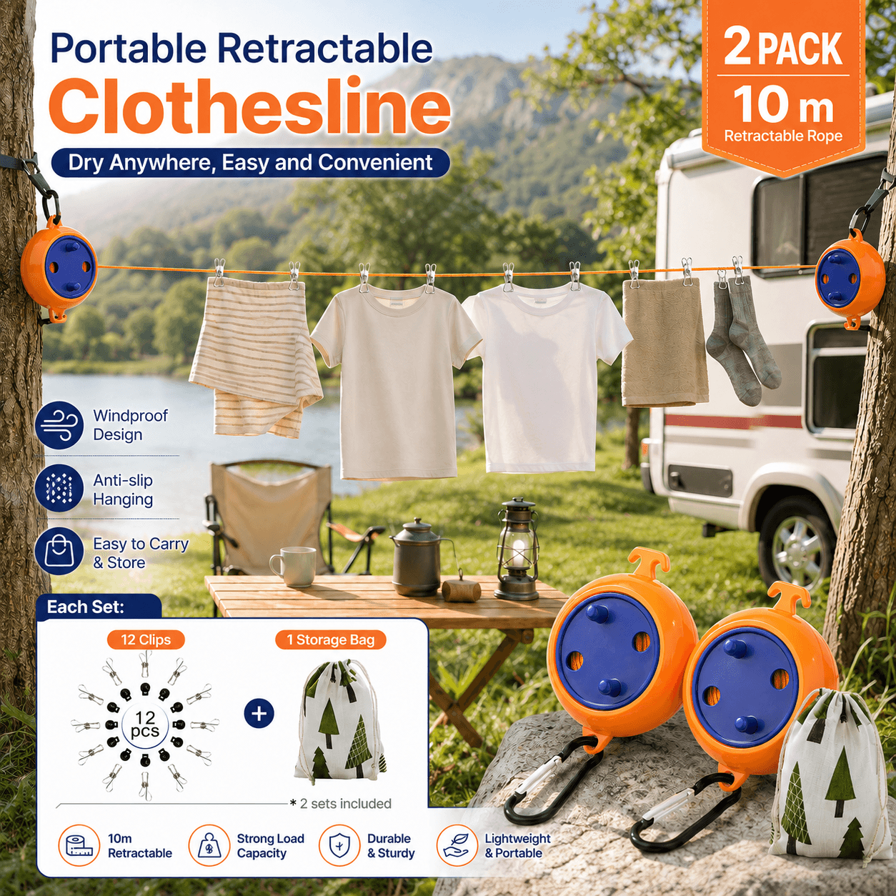 Orange Retractable Travel Clothesline 2 Pack - 10 m Portable Wind Resistant