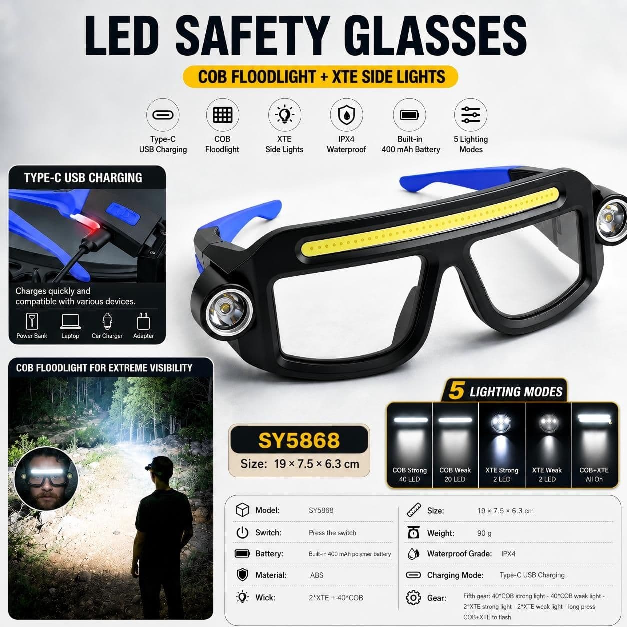 LED Glasses Light Rechargeable USB-C - Blue Hands-Free COB - Blue Ipx4