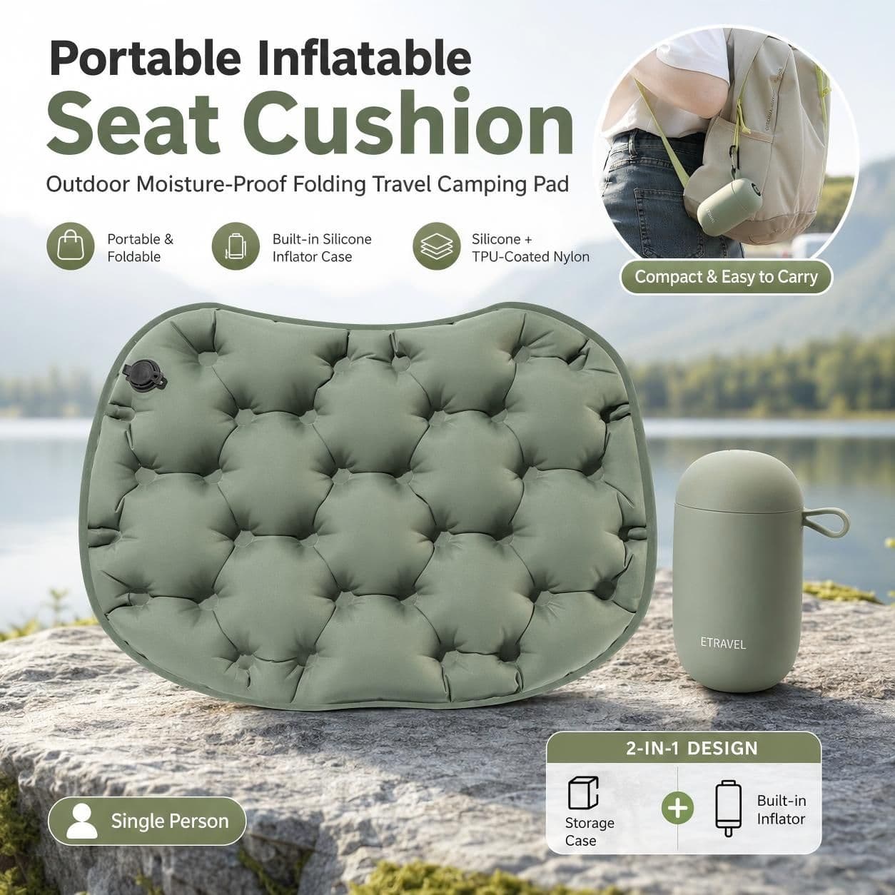 Inflatable Seat Cushion for Camping - Olive Green Portable Foldable Outdoor