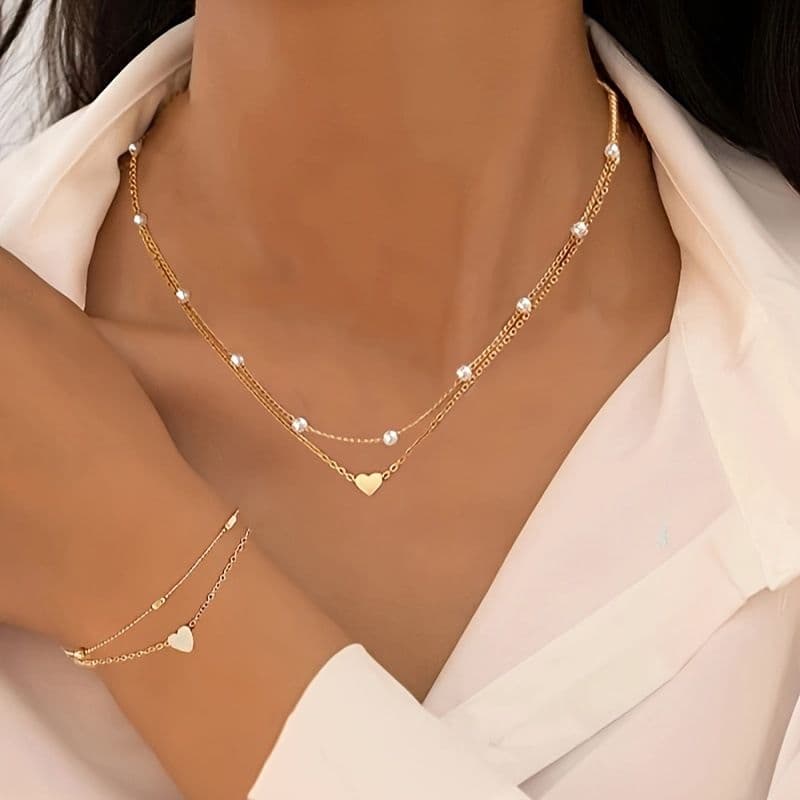 Gold Double-Layer Heart Charm Necklace and Bracelet Set - Women’s Layered