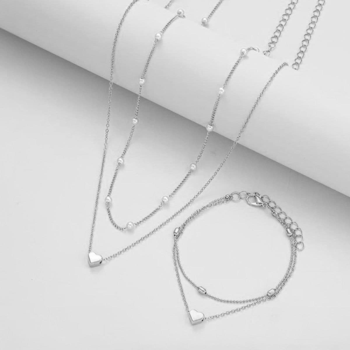 Silver Double-Layer Heart Charm Necklace and Bracelet Set - Women’s Layered