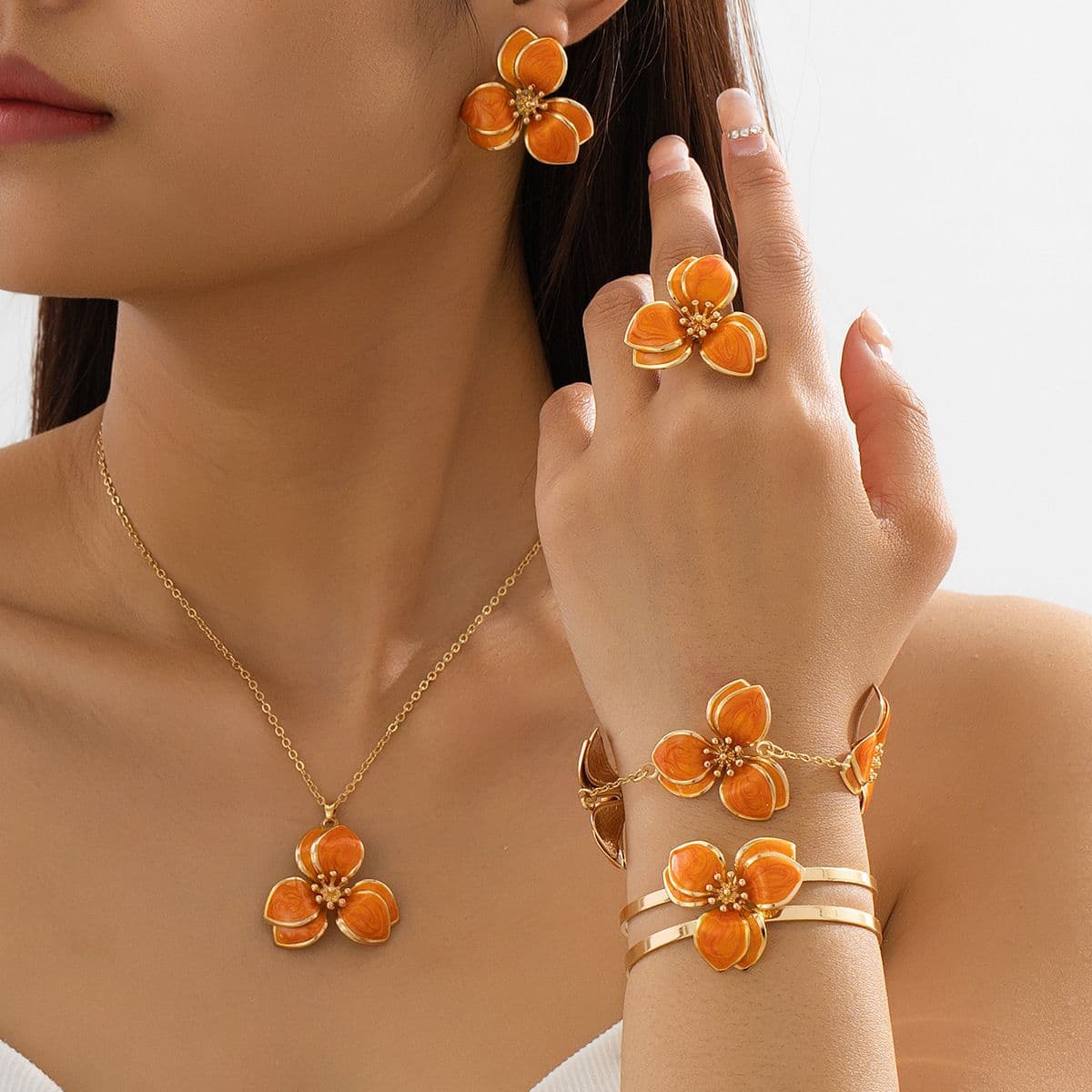 Orange Floral Enamel Jewelry Set - Five-Piece Alloy Accessory Collection