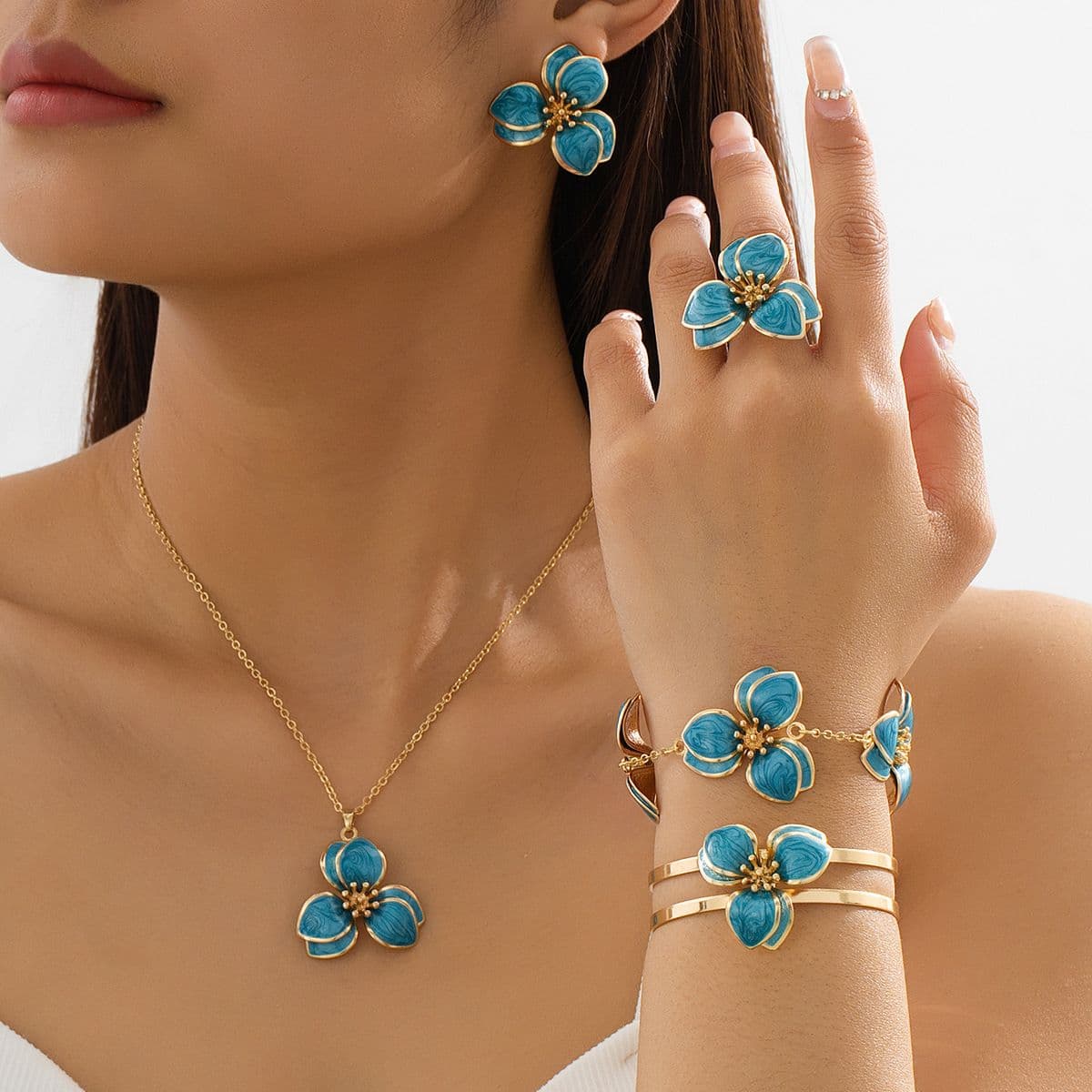 Blue Floral Enamel Jewelry Set - Five-Piece Alloy Accessory Collection