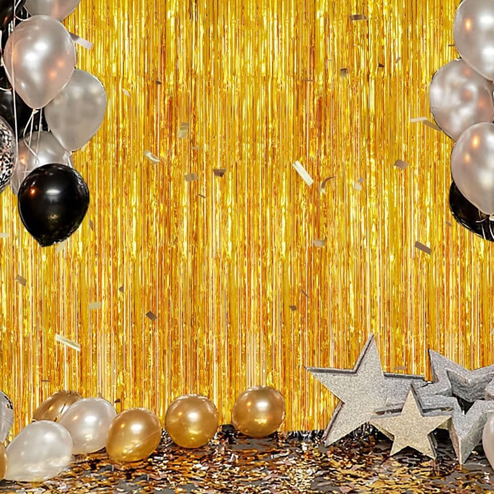 10-Piece Gold Shiny Tinsel Foil Fringe Curtain - 1m x 2m Metallic Streamer