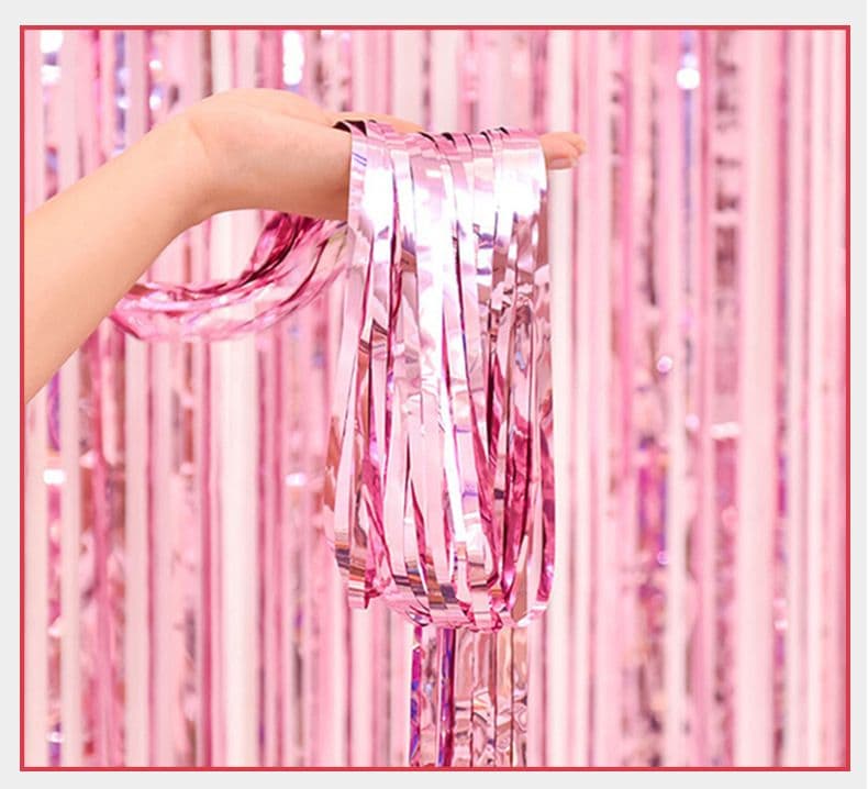10-Piece Pink Shiny Tinsel Foil Fringe Curtain - 1m x 2m Metallic Streamer