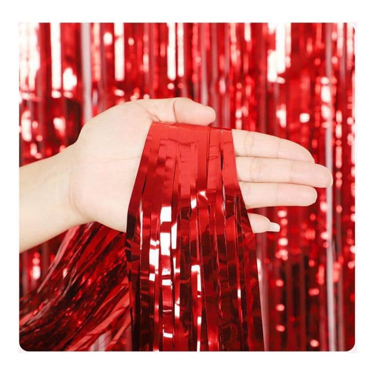 10-Piece Red Shiny Tinsel Foil Fringe Curtain - 1m x 2m Metallic Streamer