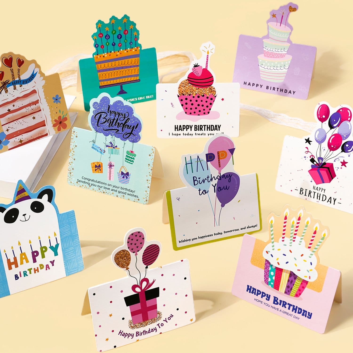 3 Sets 3D Pop-up Birthday Card Set - 3*10-Piece Cartoon Panda/Cake/Balloon