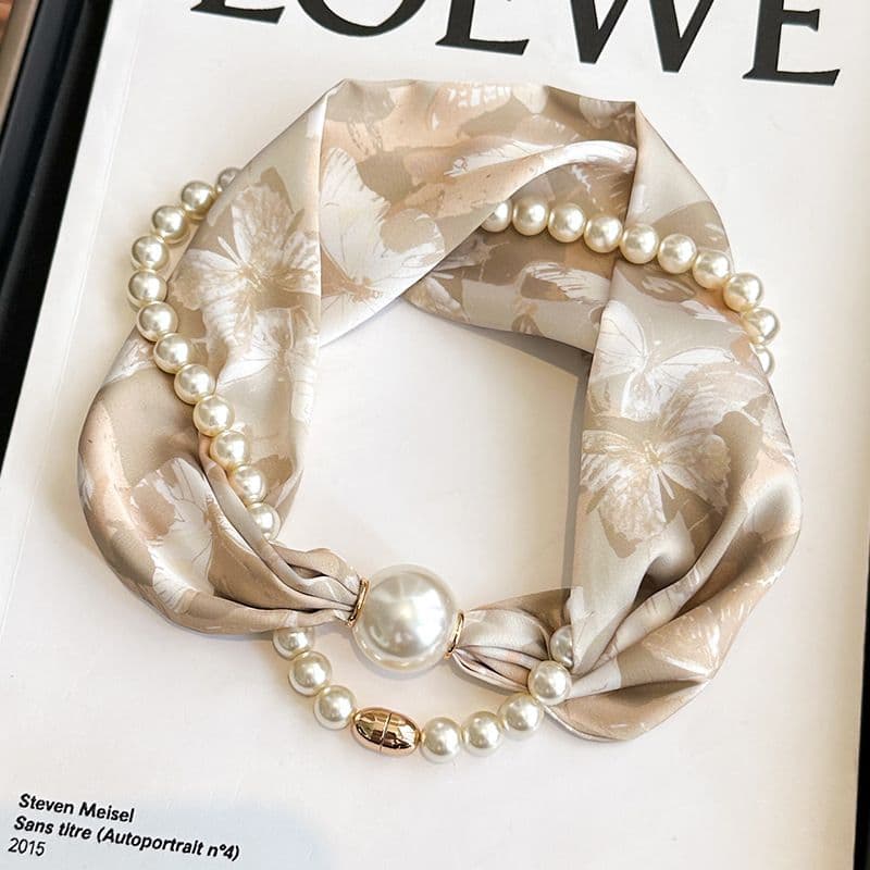 Beige 2-in-1 Magnetic Pearl Scarf & Necklace Set - Floral Print Polyester
