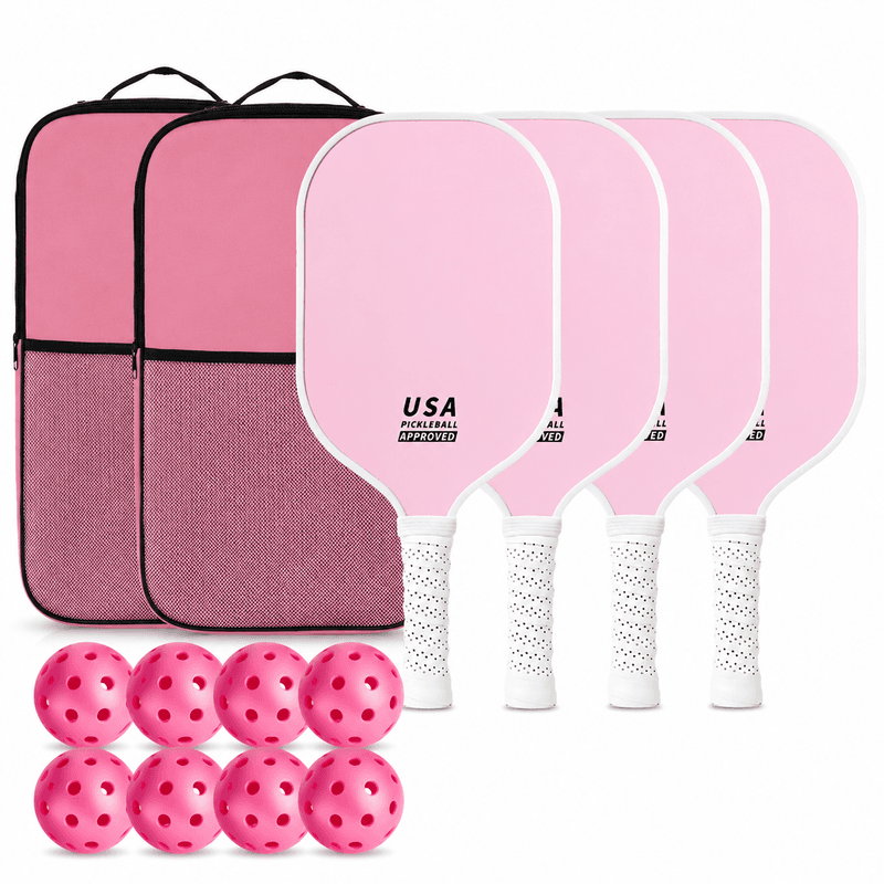 Pink Fiberglass Pickleball Paddle Set - 4 Minimalist Paddles, 8 Balls, and 2