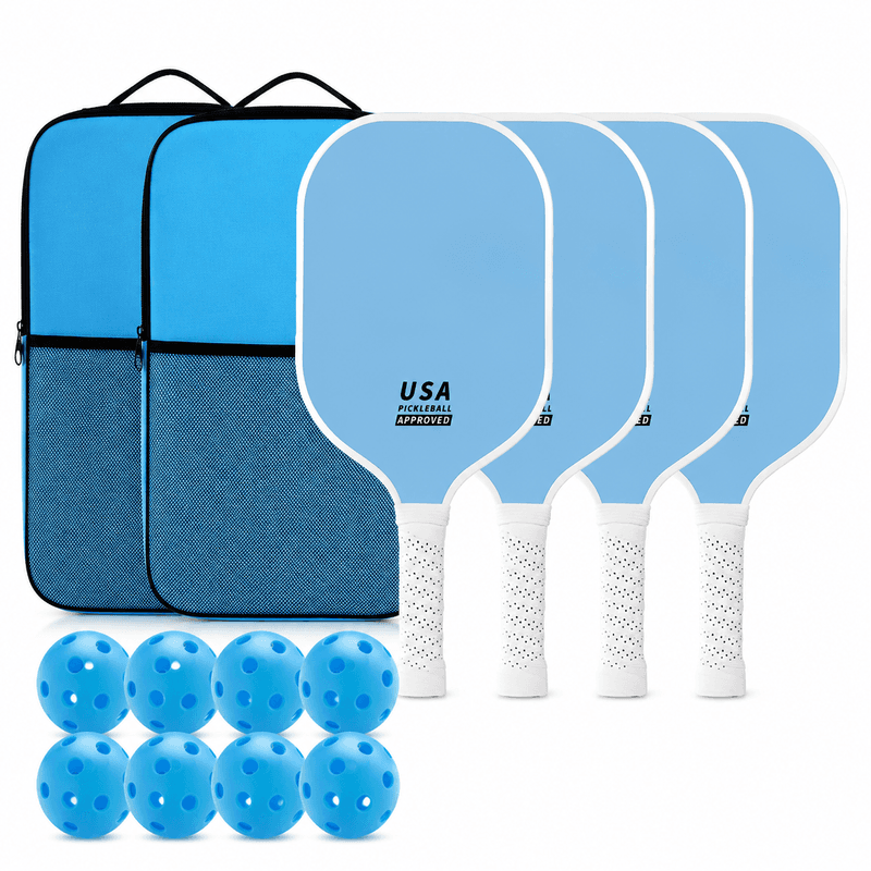 Blue Fiberglass Pickleball Paddle Set - 4 Minimalist Paddles, 8 Balls, and 2