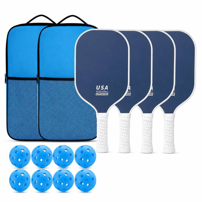 Dark Blue Fiberglass Pickleball Paddle Set - 4 Minimalist Paddles, 8 Balls