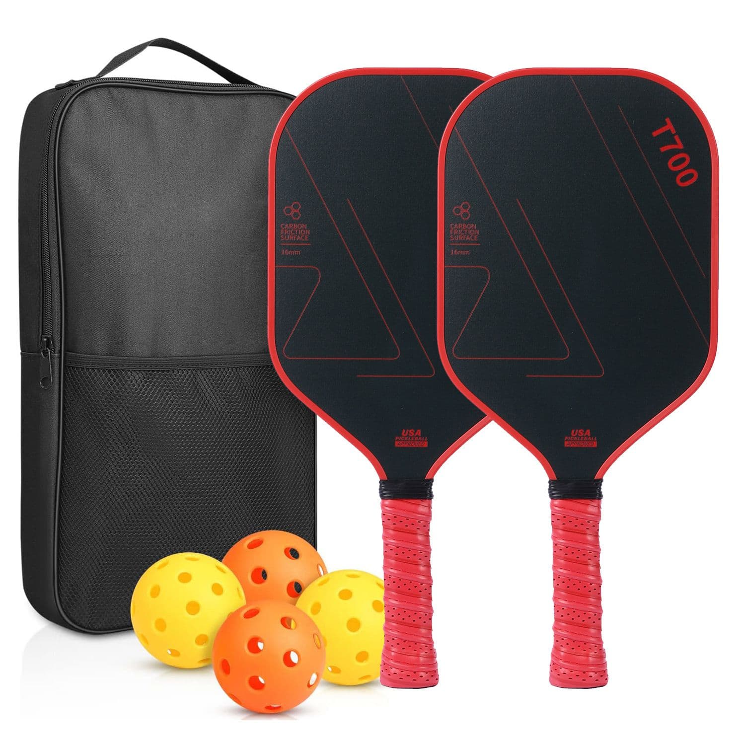 Red and Black T700 Carbon Fiber Pickleball Paddle Set - 16mm Textured Matte