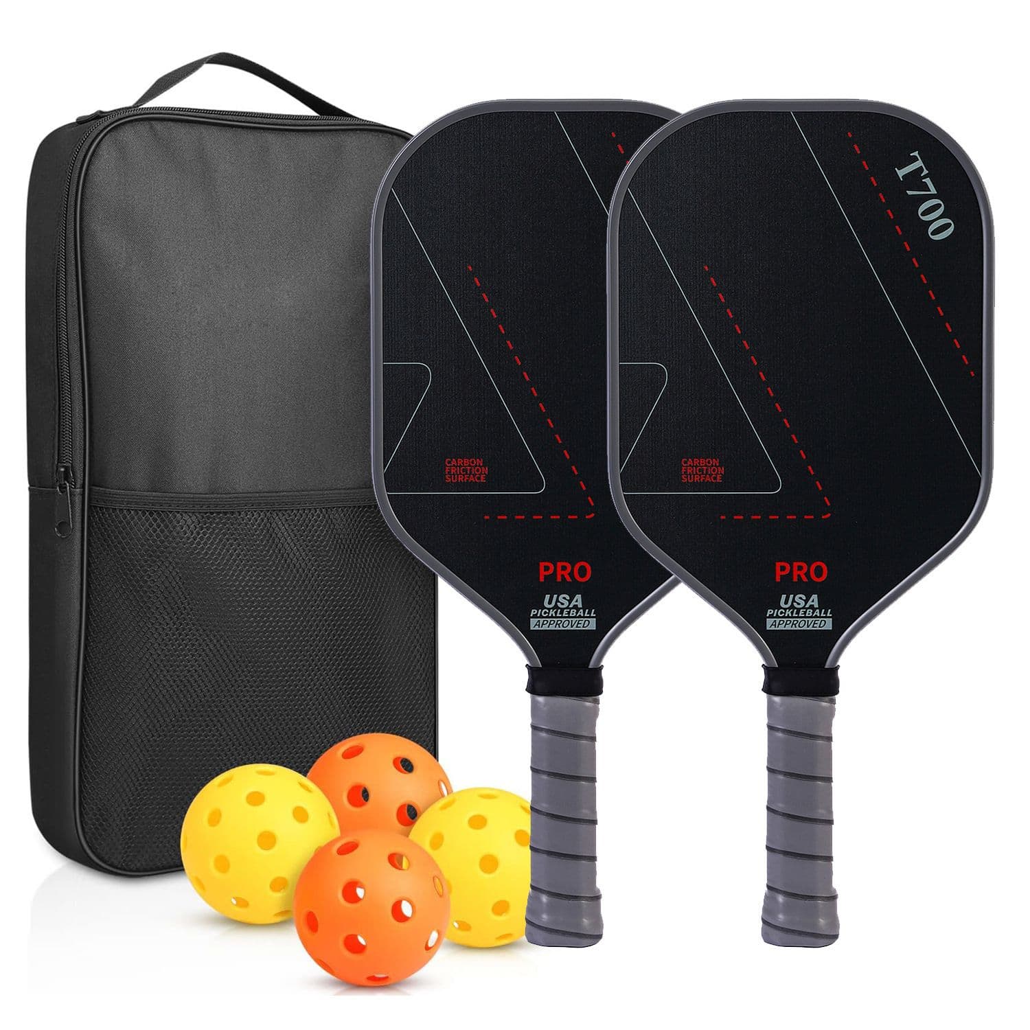Grey and Black T700 Carbon Fiber Pickleball Paddle Set - 16mm Textured Matte