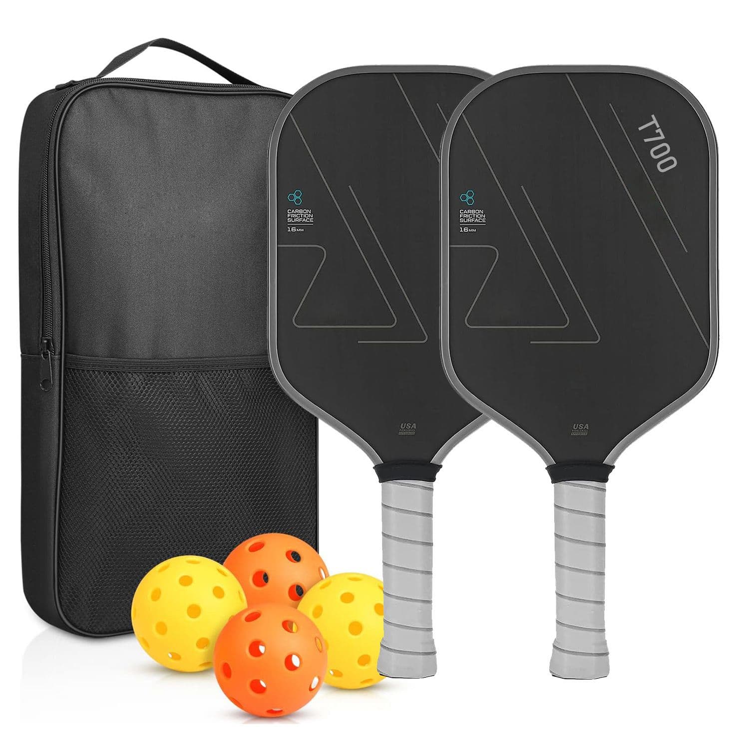 Grey T700 Carbon Fiber Pickleball Paddle Set - 16mm Textured Matte Finish