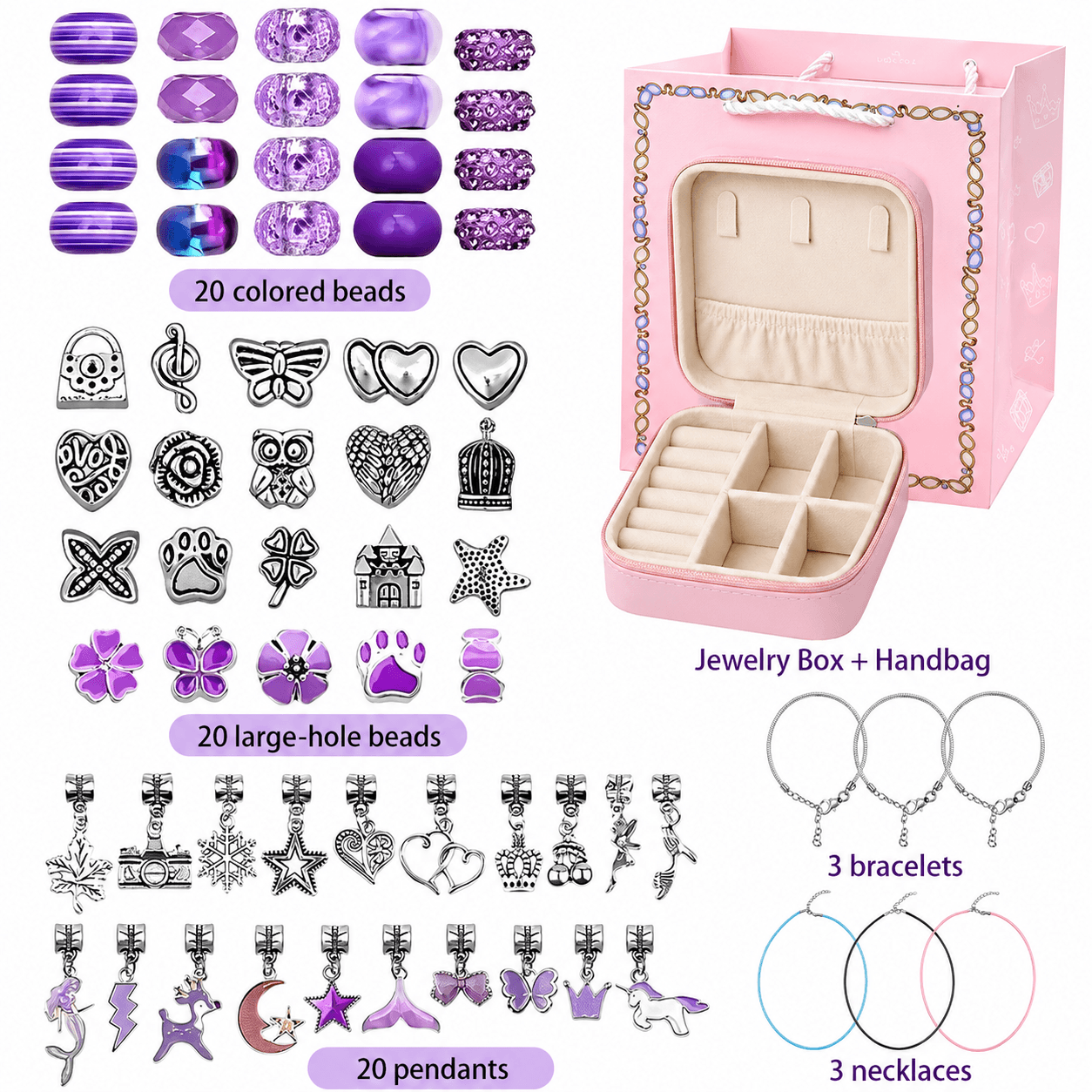 Purple Kids DIY Bead Jewelry Making Kit - 68-Piece Alloy & Plastic Charm