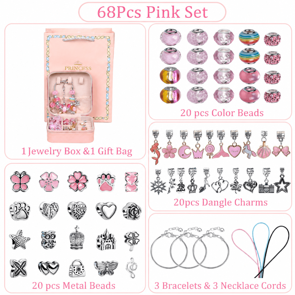 Pink Kids DIY Bead Jewelry Making Kit - 68-Piece Alloy & Plastic Charm