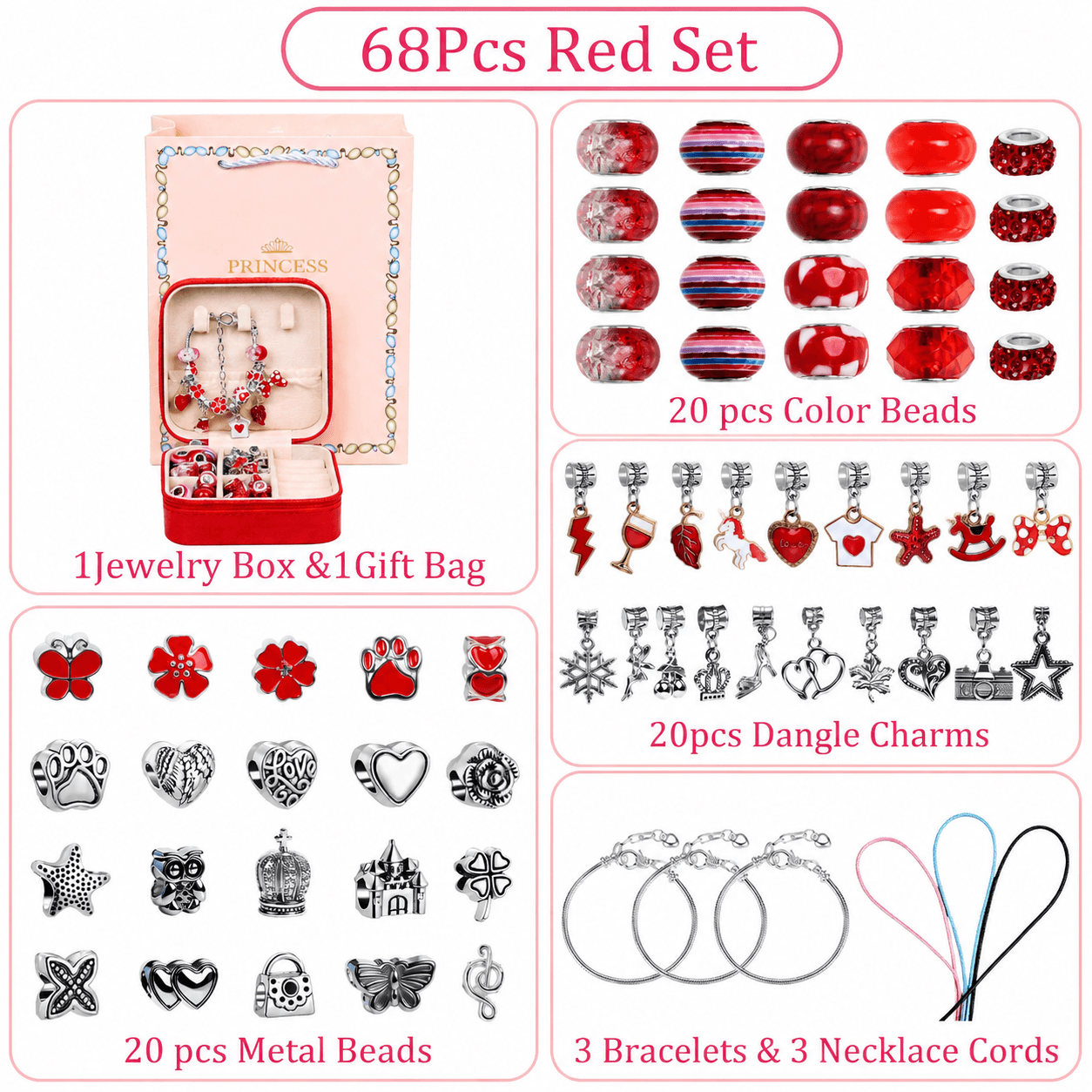 Red Kids DIY Bead Jewelry Making Kit - 68-Piece Alloy & Plastic Charm