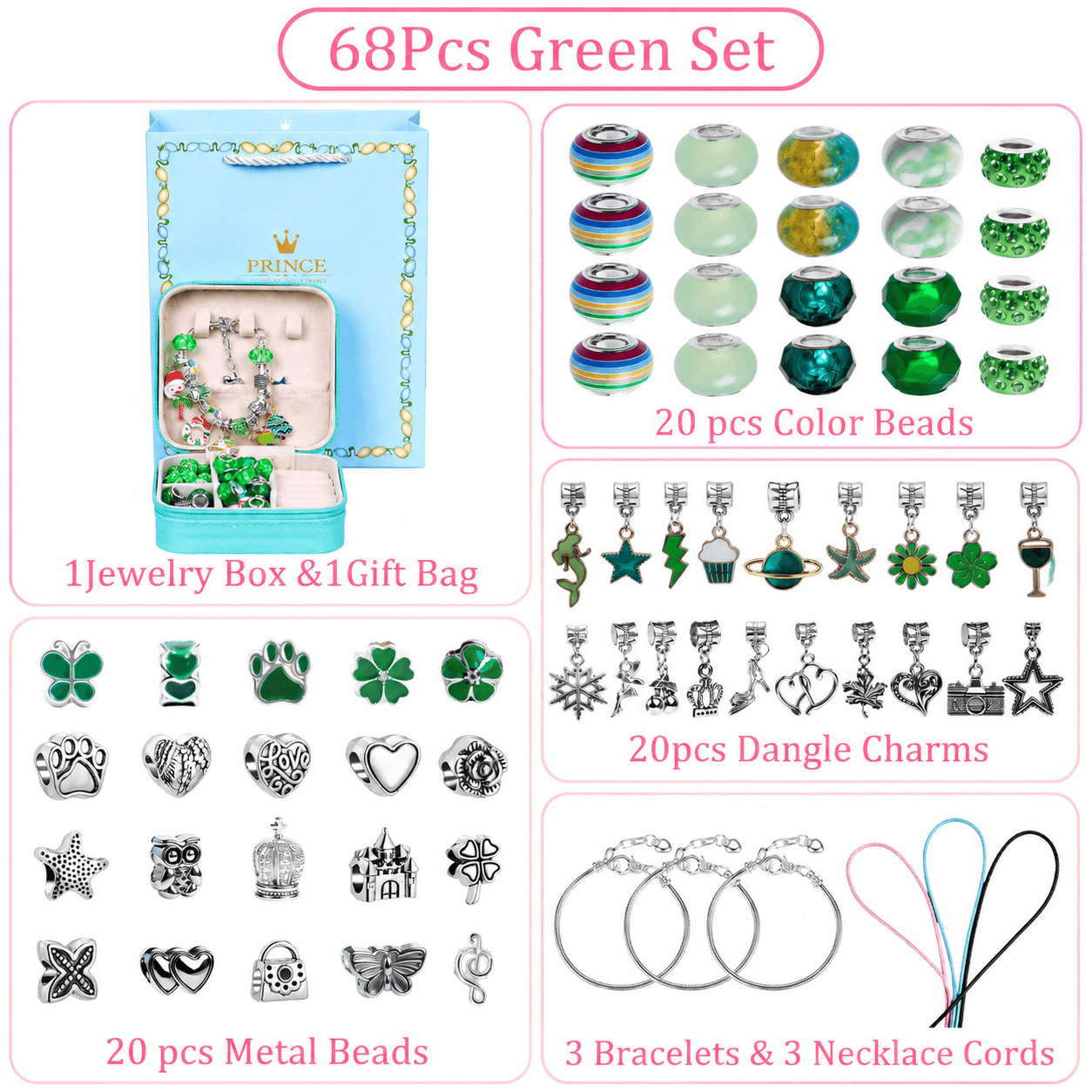 Green Kids DIY Bead Jewelry Making Kit - 68-Piece Alloy & Plastic Charm