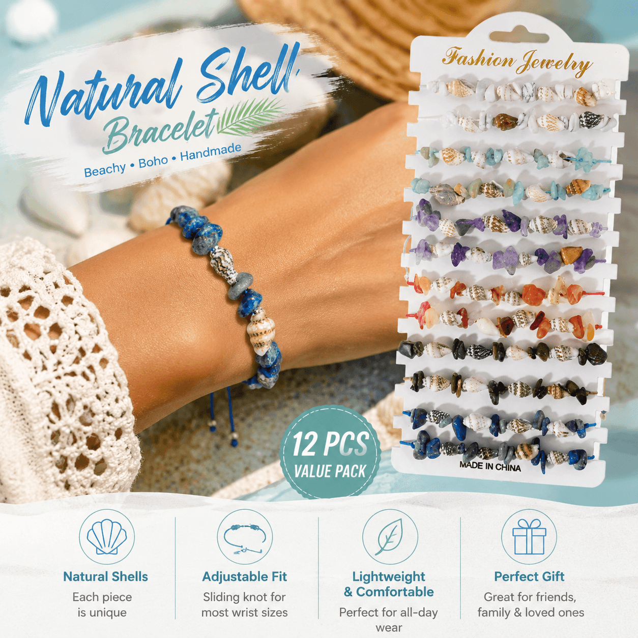 Boho Braided Shell & Crystal Bracelet Set - 12-Piece Adjustable Woven
