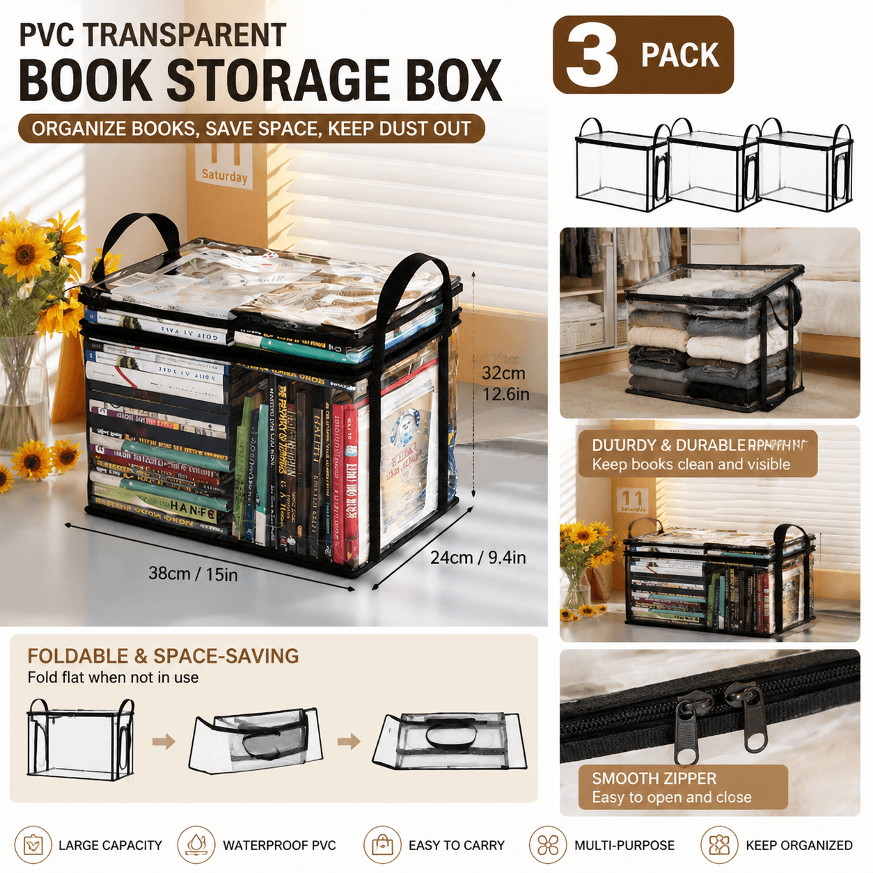 3-Piece Large Clear PVC Book Storage Box - Foldable, Dustproof - 38×24×32 cm